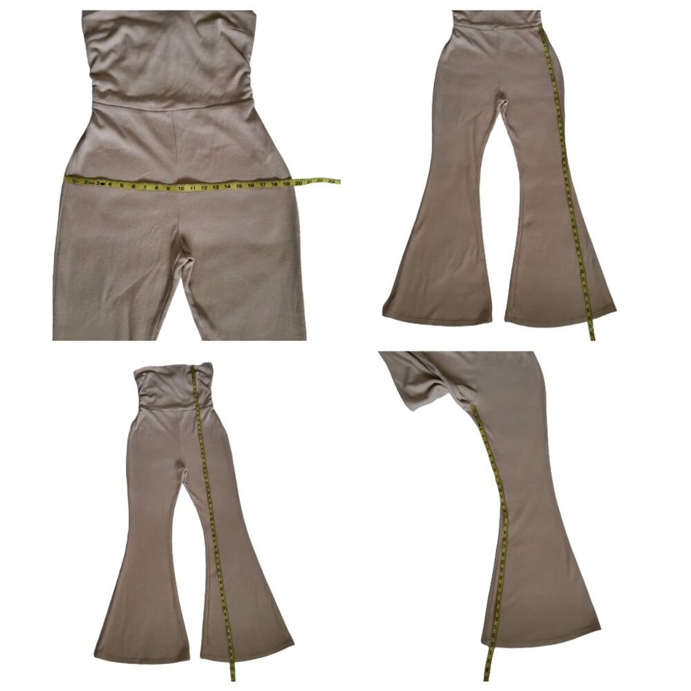 Fashion Nova Beige Bandeau Top‎ Corset-Style Back Flare Leg Jumpsuit Size Large - Picture 6 of 12